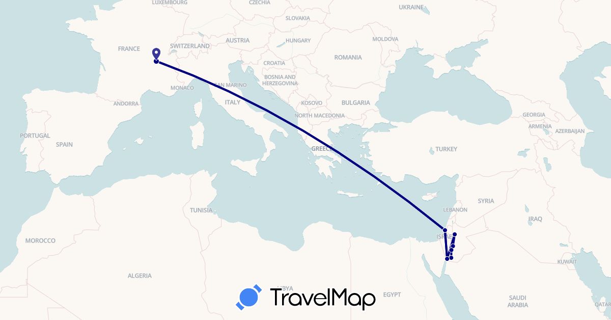 TravelMap itinerary: driving in France, Israel, Jordan (Asia, Europe)